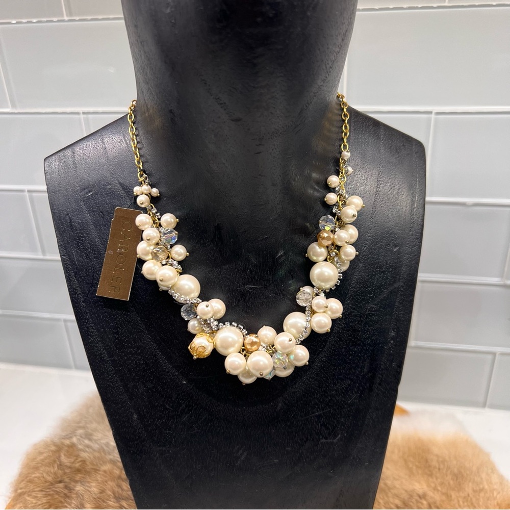 Vintage CAROLEE Faux Pearl Beads Collar Choker Necklace w/ Rhinestones NOS